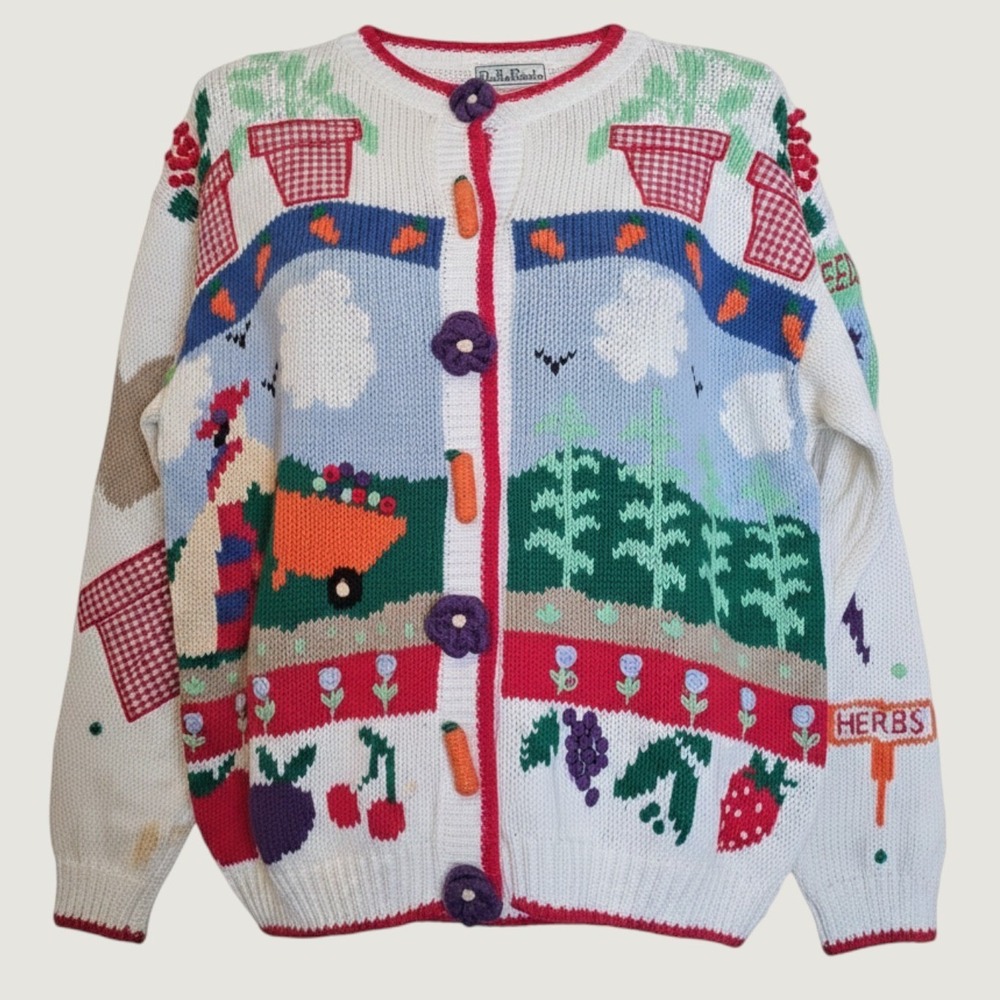 Vintage BellePointe Gardening Theme Cardigan Sweater Grannycore Cottagecore knit
